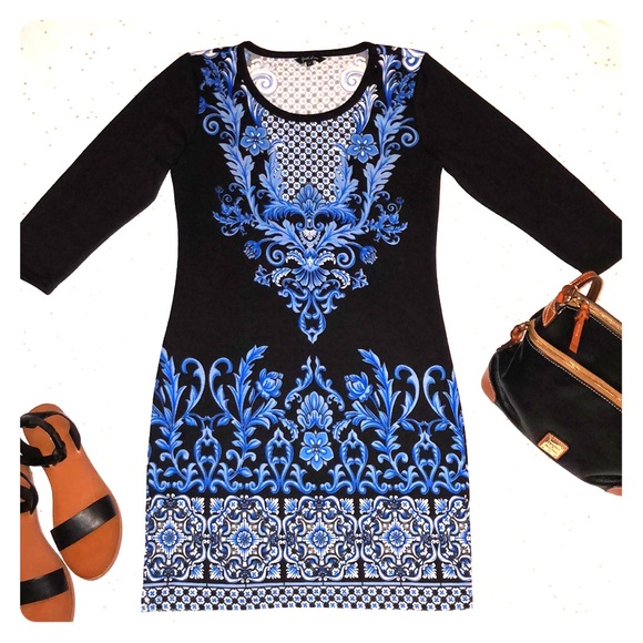 JUST LOVE BLACK AND BLUE FLORAL COTTON DRESS - Picture 1 of 6